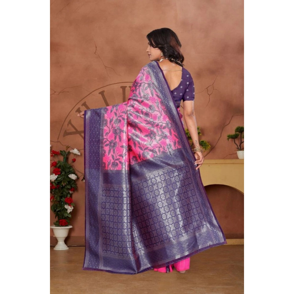 Women's Banarasi Silk Jaquard Woven Saree With Unstitched Blouse 5.5Mtr (Pink) - VANSHELLE