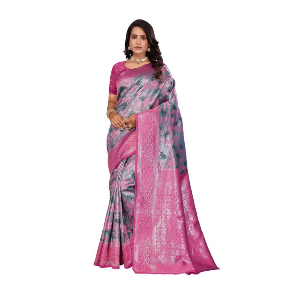 Women's Banarasi Silk Jaquard Woven Saree With Unstitched Blouse 5.5Mtr (Pink) - VANSHELLE