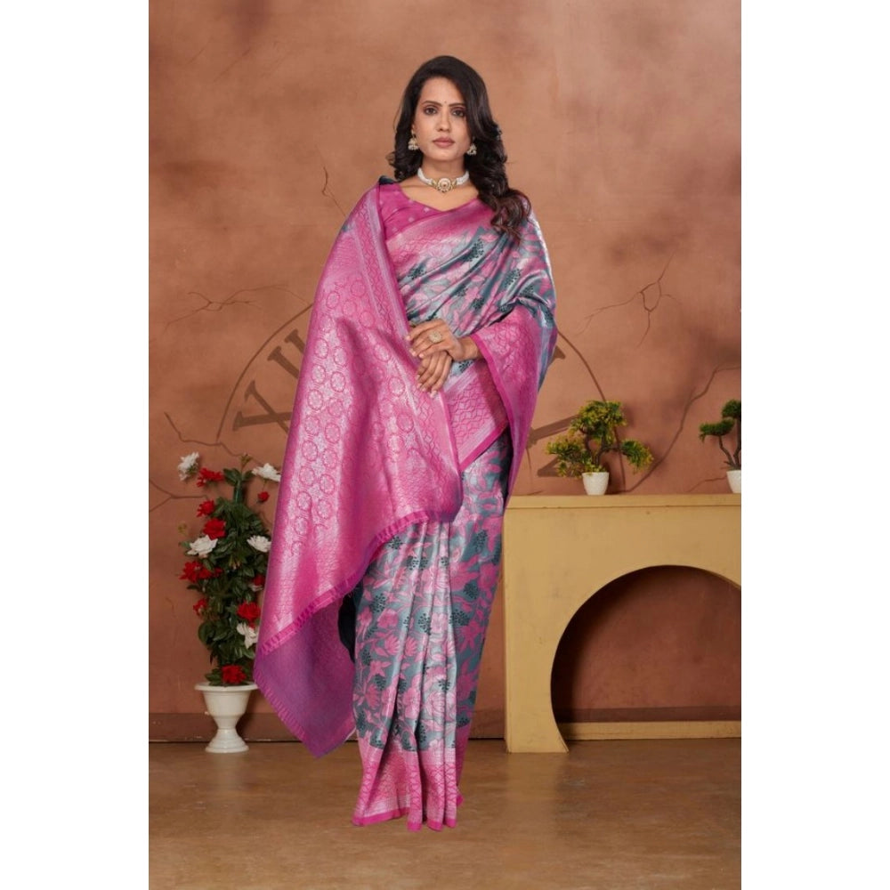Women's Banarasi Silk Jaquard Woven Saree With Unstitched Blouse 5.5Mtr (Pink) - VANSHELLE