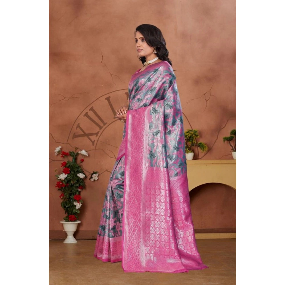 Women's Banarasi Silk Jaquard Woven Saree With Unstitched Blouse 5.5Mtr (Pink) - VANSHELLE