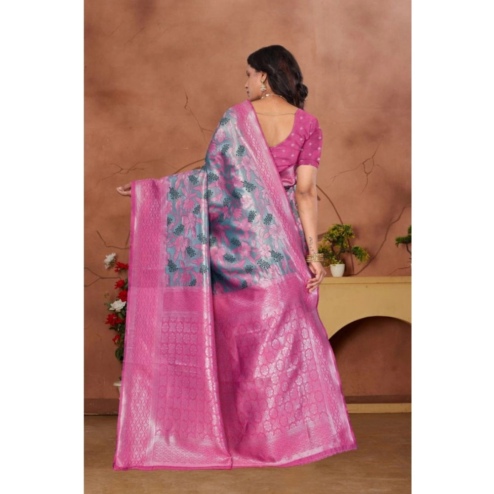 Women's Banarasi Silk Jaquard Woven Saree With Unstitched Blouse 5.5Mtr (Pink) - VANSHELLE