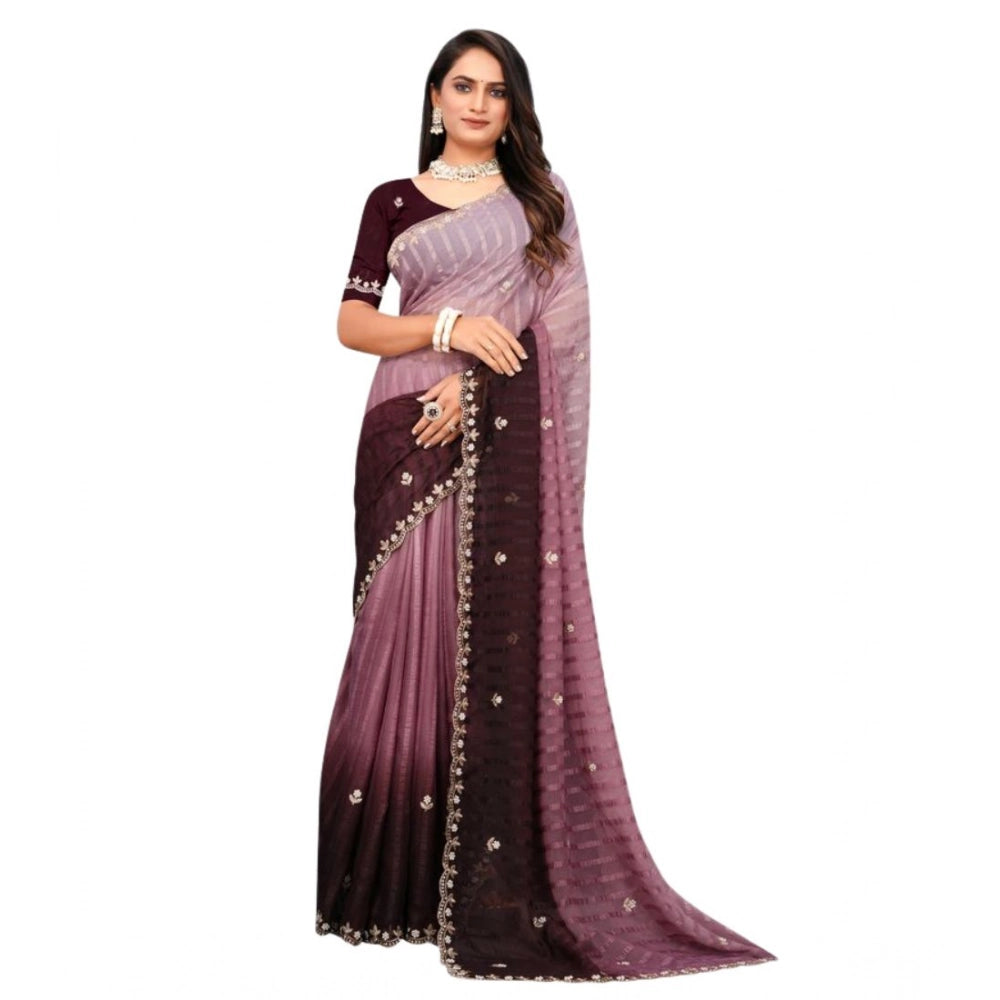Women'S Chiffon Embroidred Saree With Unstitched Blouse 5.5Mtr