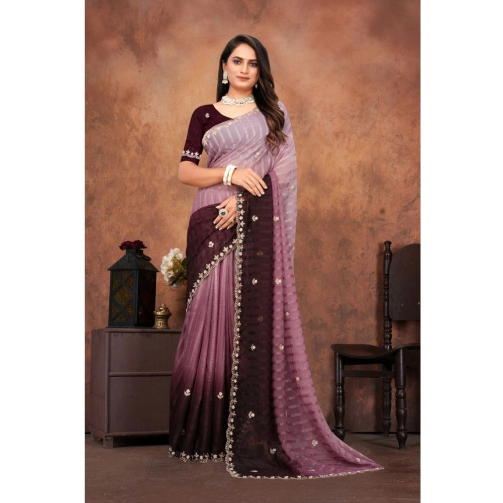 Women'S Chiffon Embroidred Saree With Unstitched Blouse 5.5Mtr