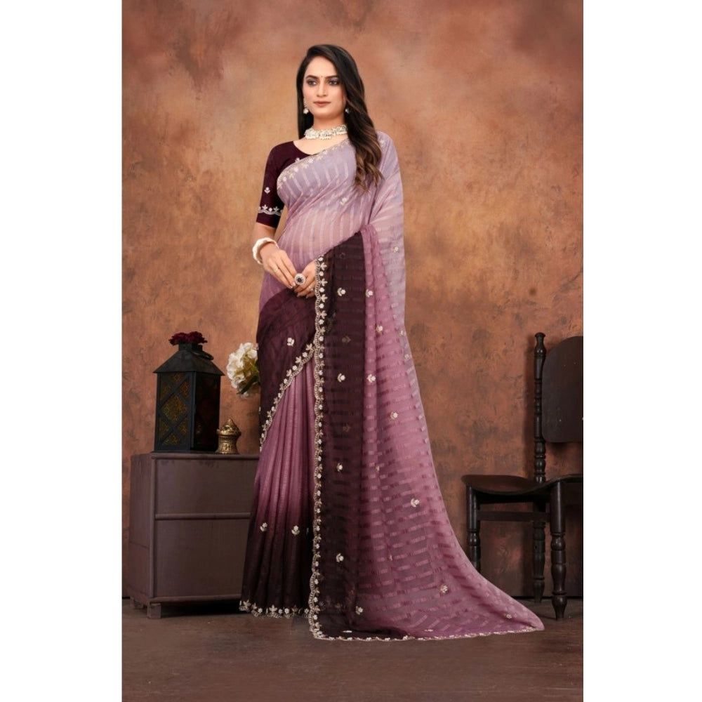 Women'S Chiffon Embroidred Saree With Unstitched Blouse 5.5Mtr