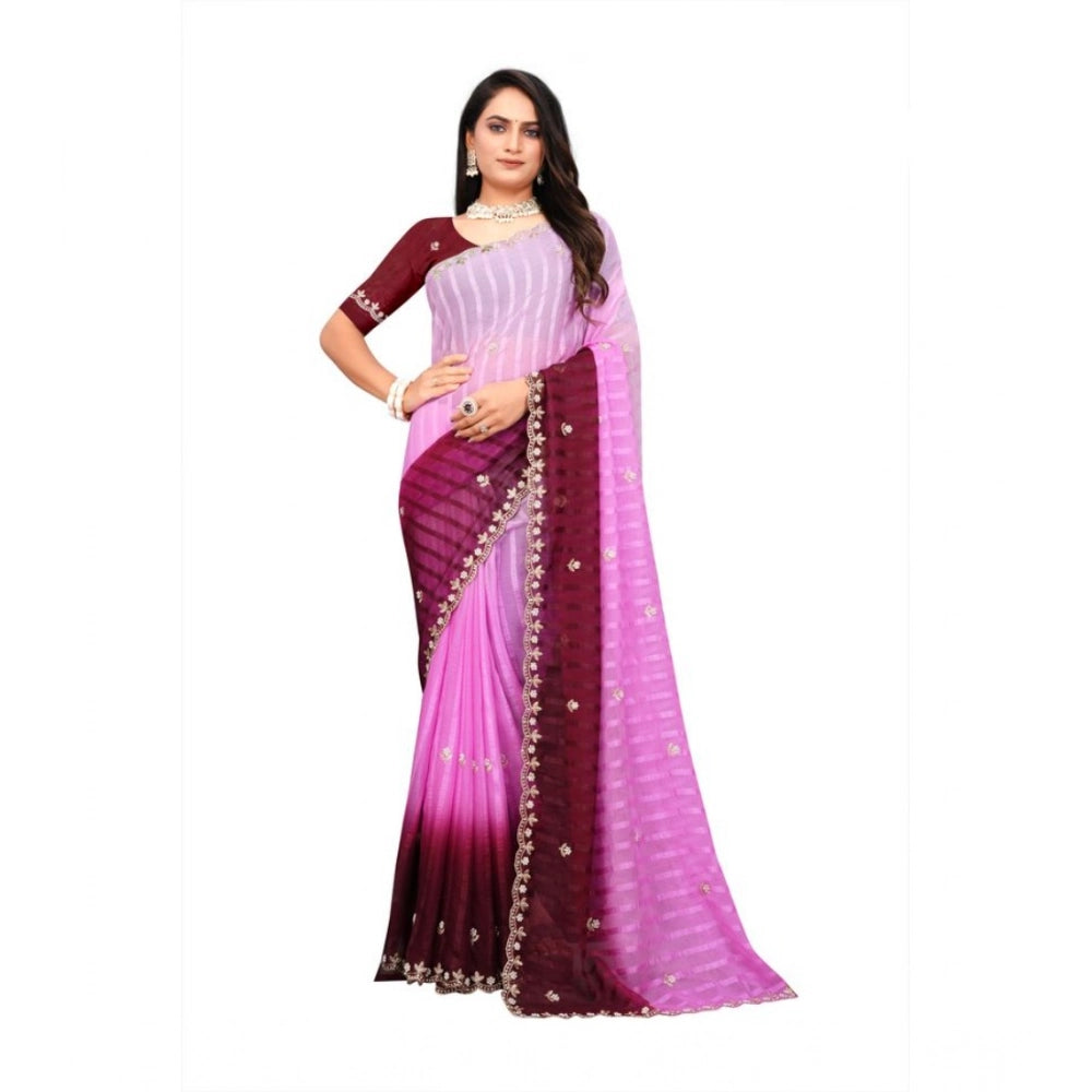 Women's Chiffon Embroidred Saree With Unstitched Blouse 5.5Mtr (Pink) - VANSHELLE