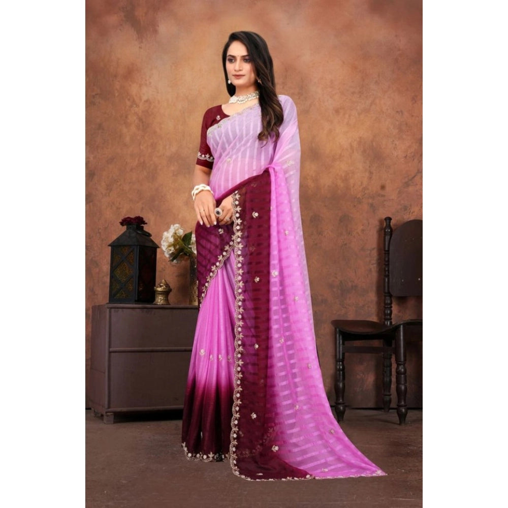Women's Chiffon Embroidred Saree With Unstitched Blouse 5.5Mtr (Pink) - VANSHELLE