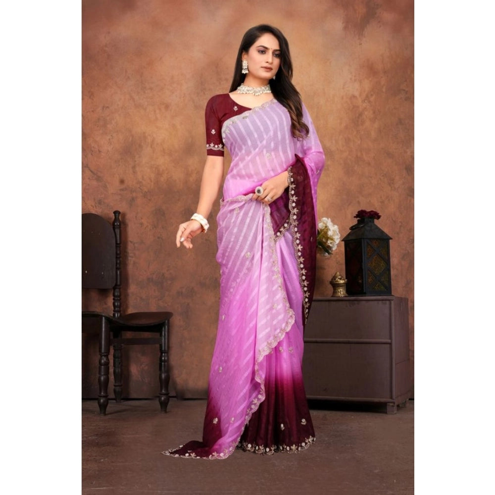 Women's Chiffon Embroidred Saree With Unstitched Blouse 5.5Mtr (Pink) - VANSHELLE