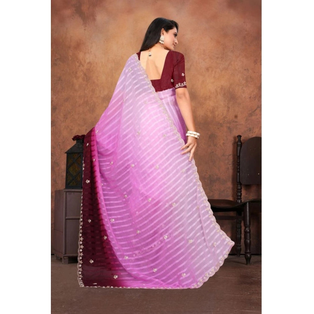 Women's Chiffon Embroidred Saree With Unstitched Blouse 5.5Mtr (Pink) - VANSHELLE