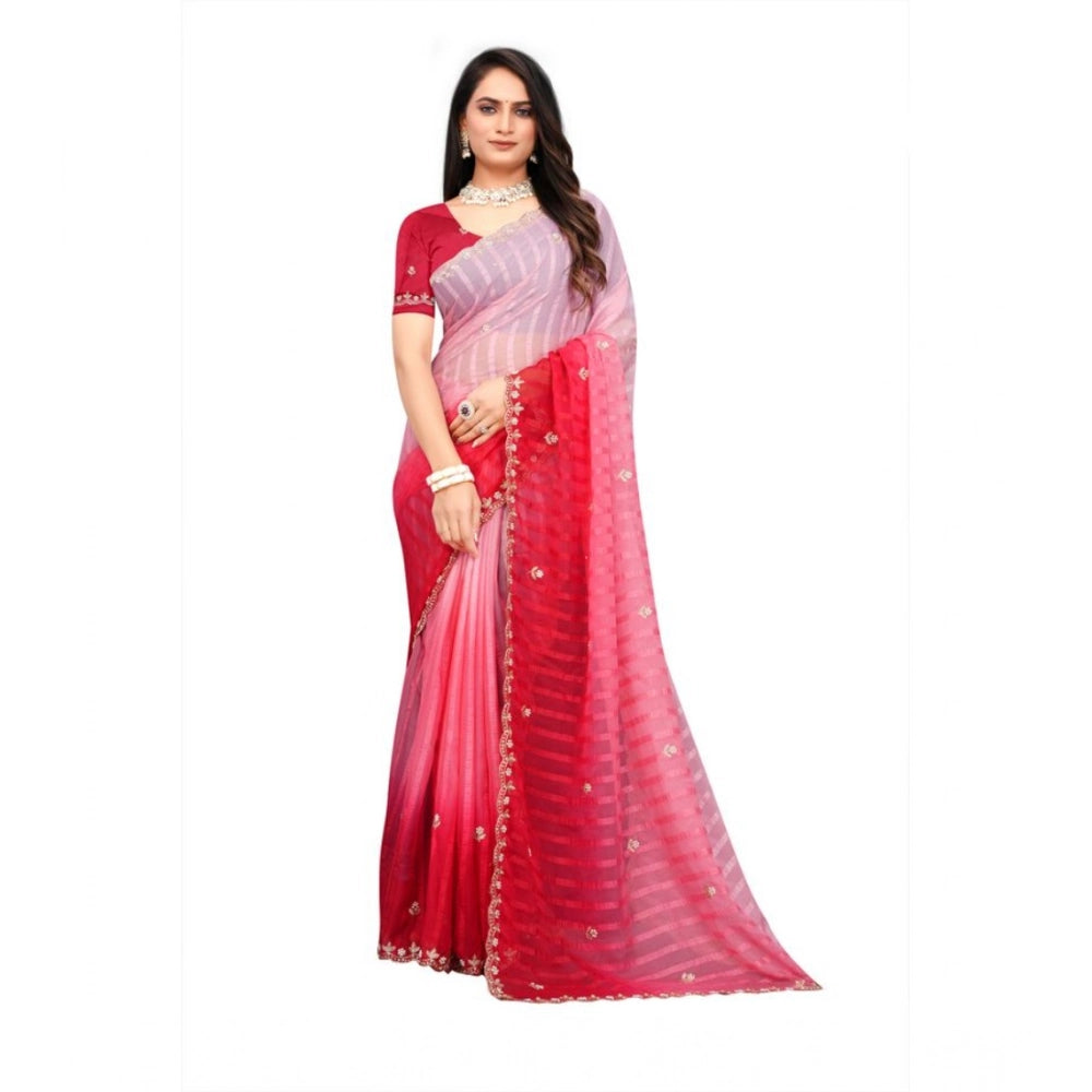 Women's Chiffon Embroidred Saree With Unstitched Blouse 5.5Mtr (Pink) - VANSHELLE