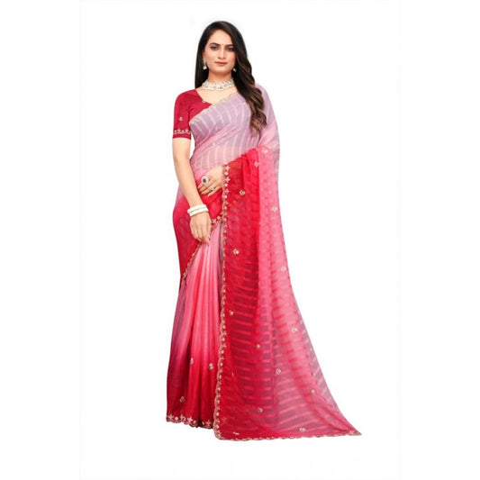 Women's Chiffon Embroidred Saree With Unstitched Blouse 5.5Mtr (Pink) - VANSHELLE