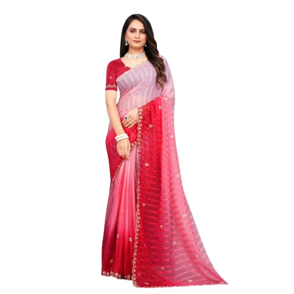 Women'S Chiffon Embroidred Saree With Unstitched Blouse 5.5Mtr