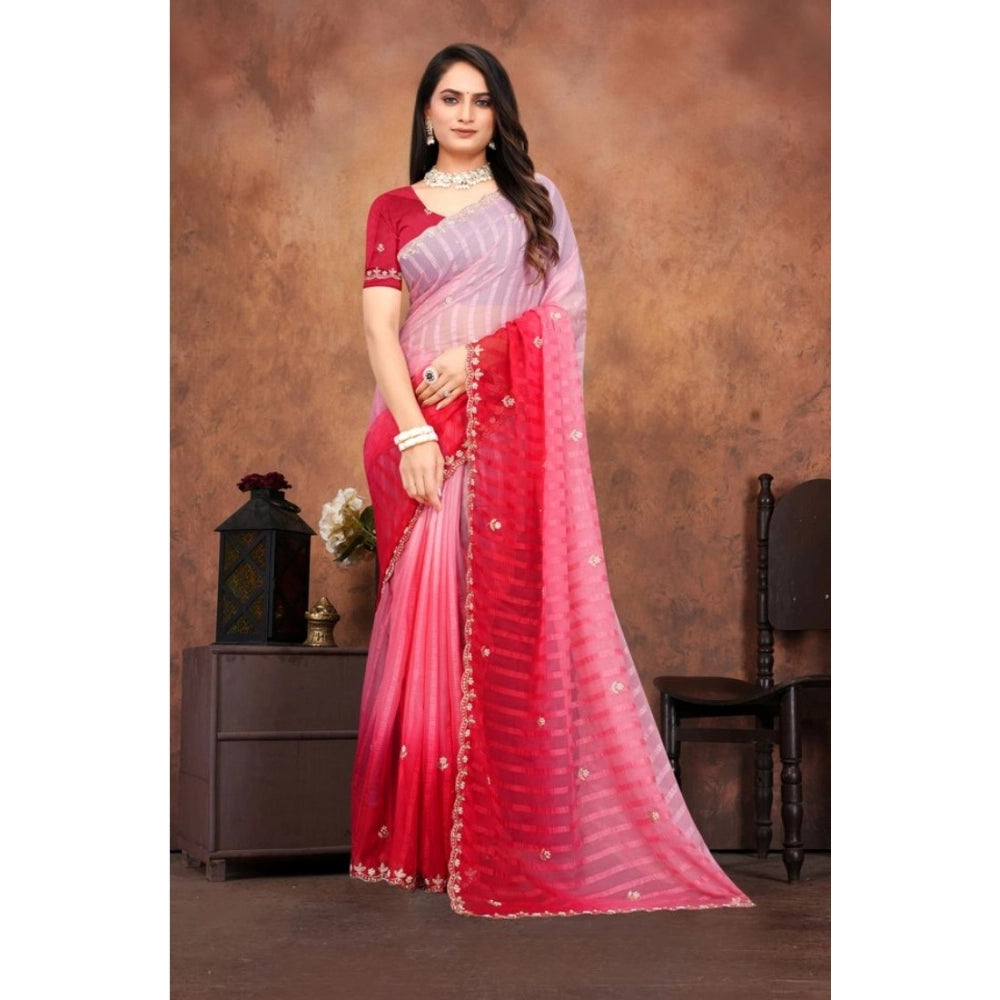 Women's Chiffon Embroidred Saree With Unstitched Blouse 5.5Mtr (Pink) - VANSHELLE