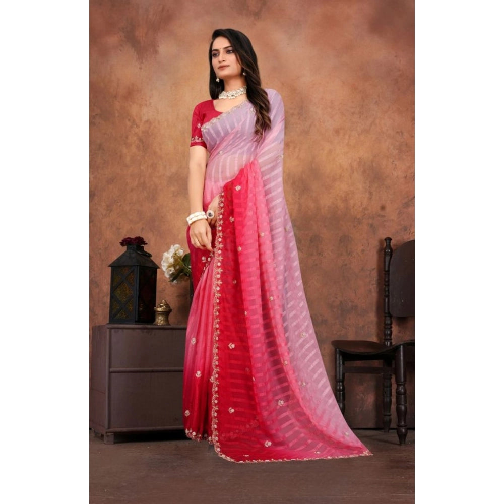 Women's Chiffon Embroidred Saree With Unstitched Blouse 5.5Mtr (Pink) - VANSHELLE