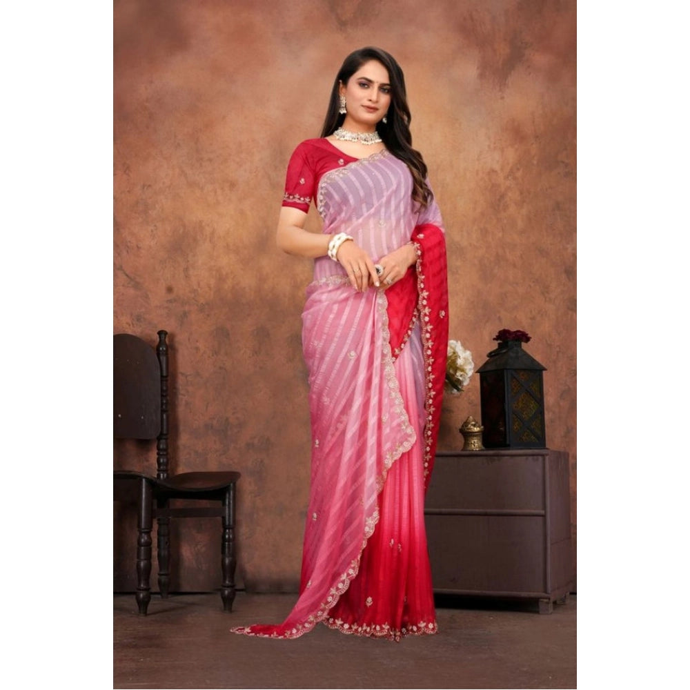 Women's Chiffon Embroidred Saree With Unstitched Blouse 5.5Mtr (Pink) - VANSHELLE