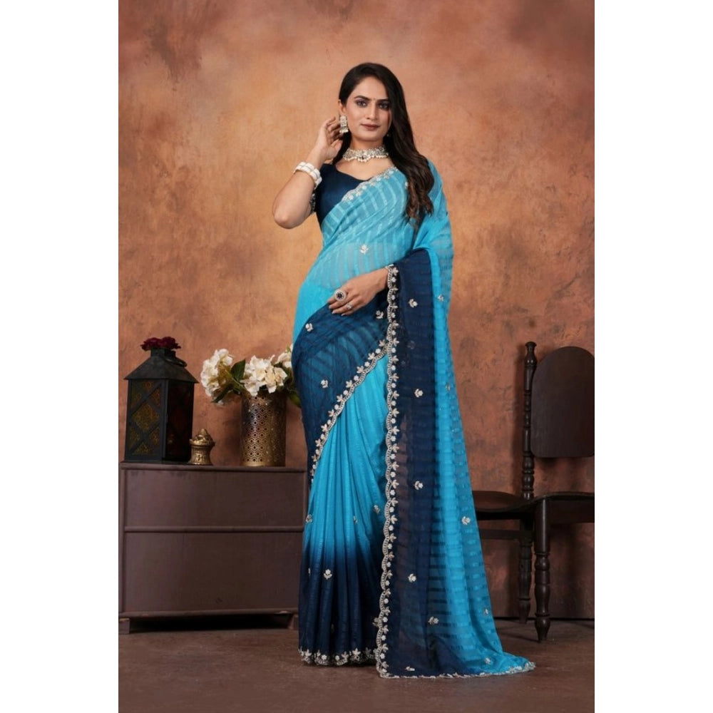 Women'S Chiffon Embroidred Saree With Unstitched Blouse 5.5Mtr