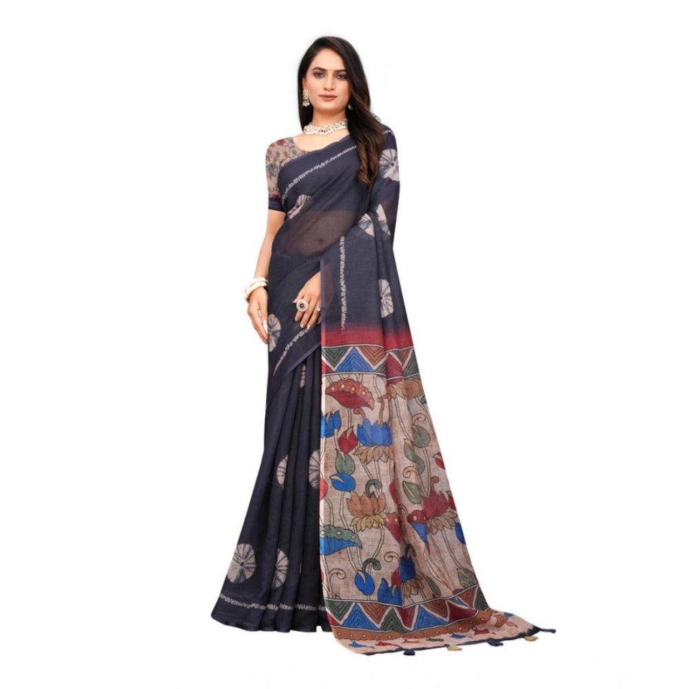 Women'S Linen Printed Saree With Unstitched Blouse 5.5Mtr (Bla