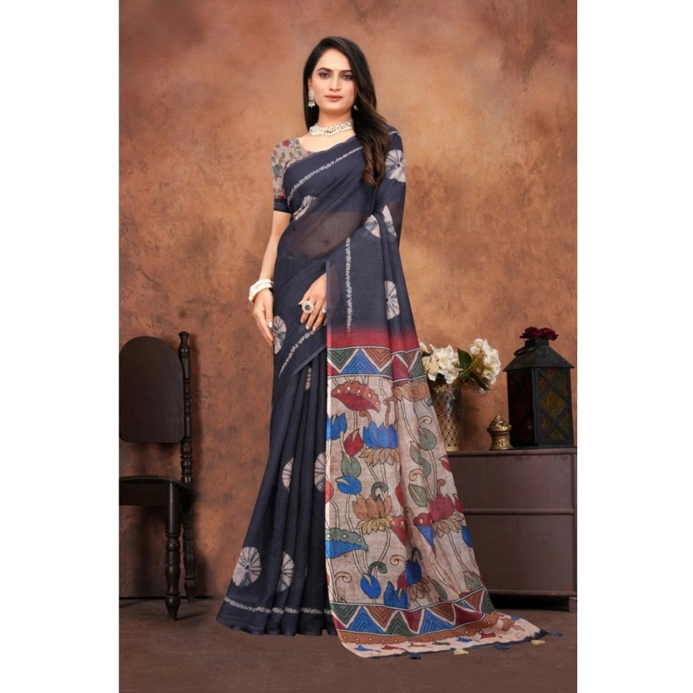 Women'S Linen Printed Saree With Unstitched Blouse 5.5Mtr (Bla