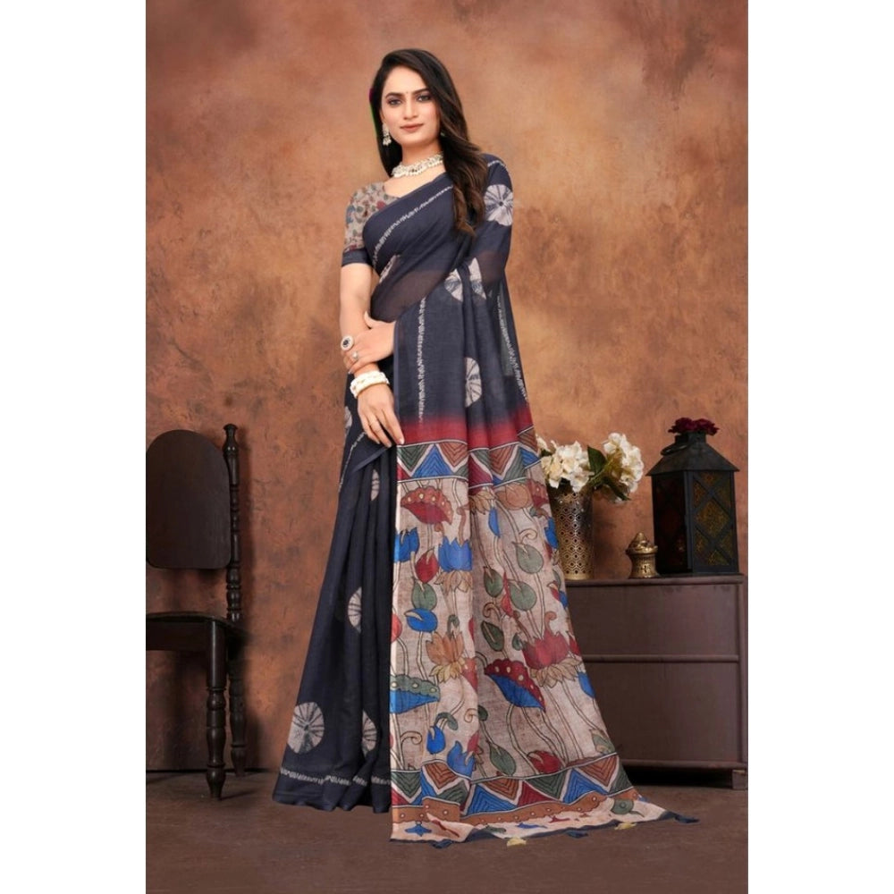 Women'S Linen Printed Saree With Unstitched Blouse 5.5Mtr (Bla