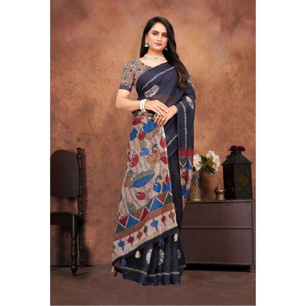 Women'S Linen Printed Saree With Unstitched Blouse 5.5Mtr (Bla