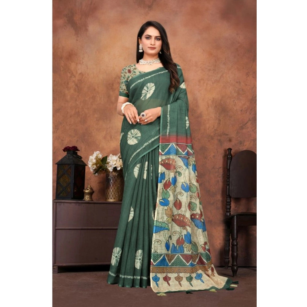 Women'S Linen Printed Saree With Unstitched Blouse 5.5Mtr (Dar