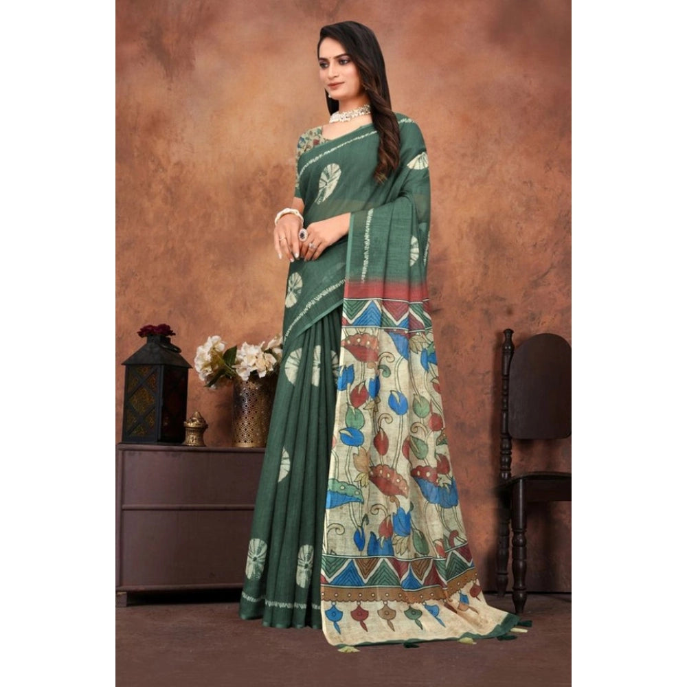 Women'S Linen Printed Saree With Unstitched Blouse 5.5Mtr (Dar
