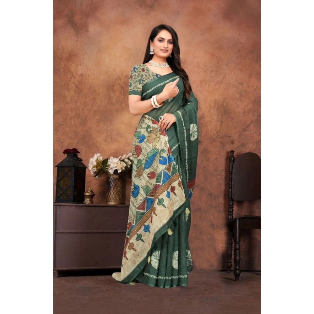 Women'S Linen Printed Saree With Unstitched Blouse 5.5Mtr (Dar