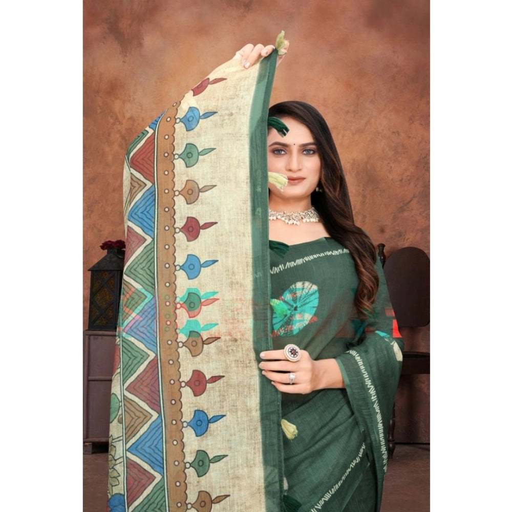 Women'S Linen Printed Saree With Unstitched Blouse 5.5Mtr (Dar