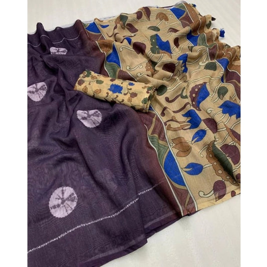Women's Linen Printed Saree With Unstitched Blouse 5.5Mtr (Purple) - VANSHELLE