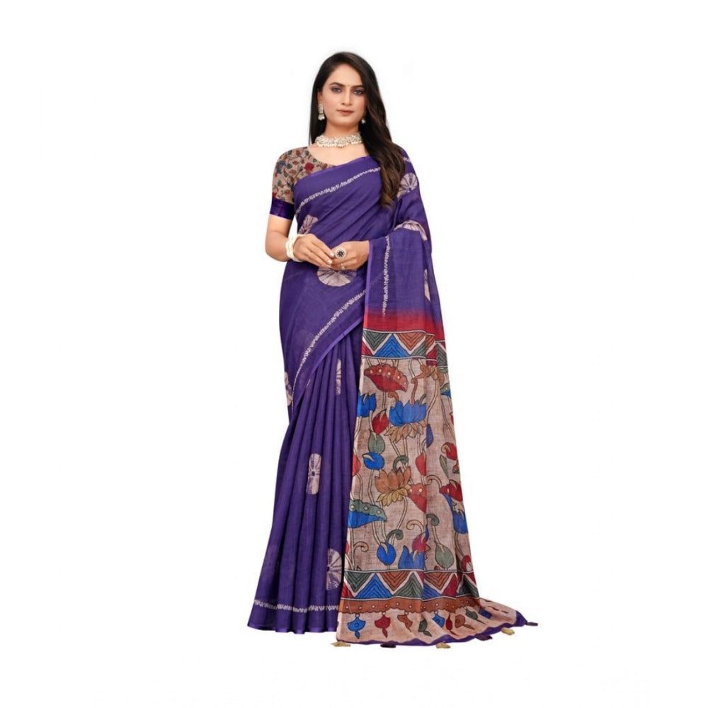 Women'S Linen Printed Saree With Unstitched Blouse 5.5Mtr (Pur