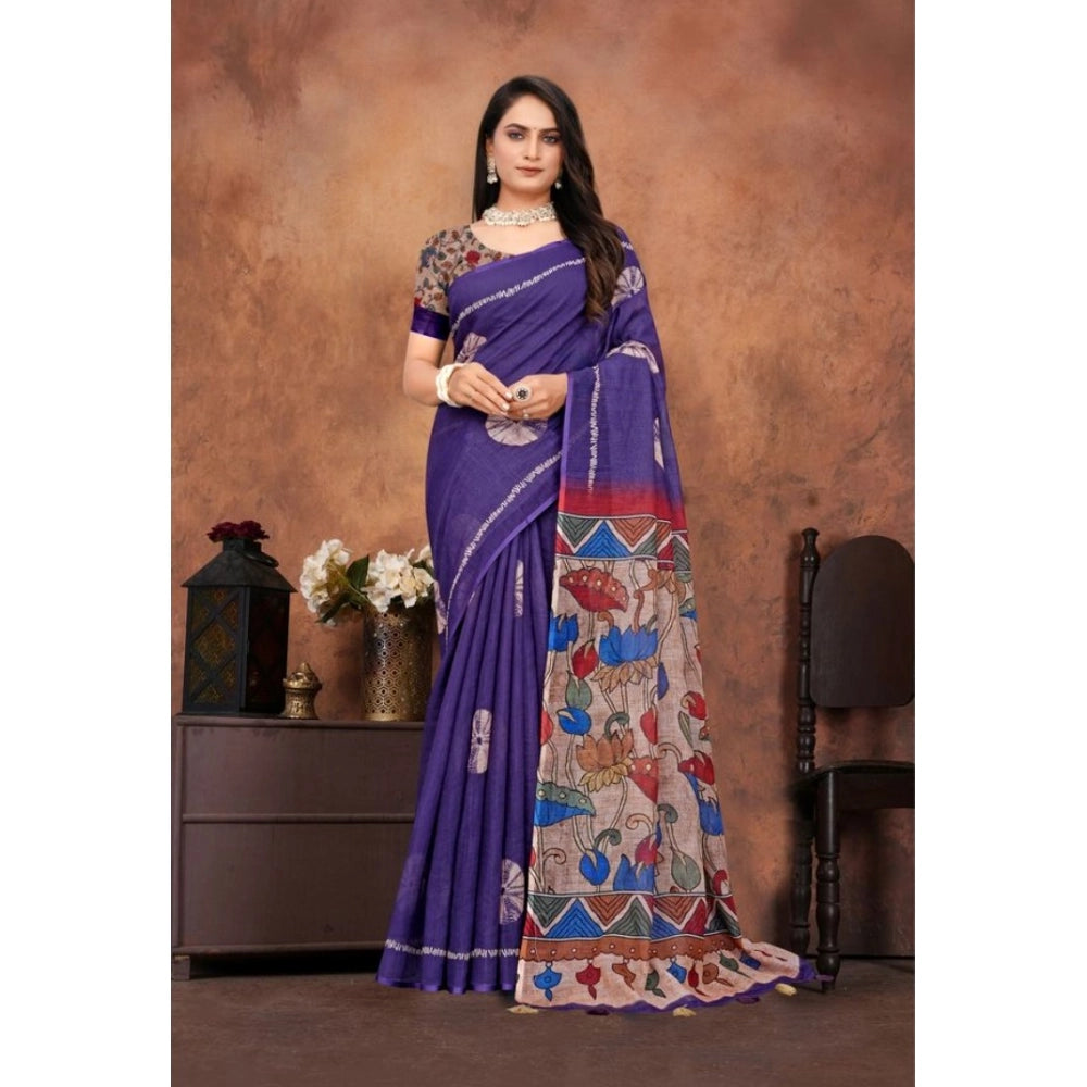 Women's Linen Printed Saree With Unstitched Blouse 5.5Mtr (Purple) - VANSHELLE
