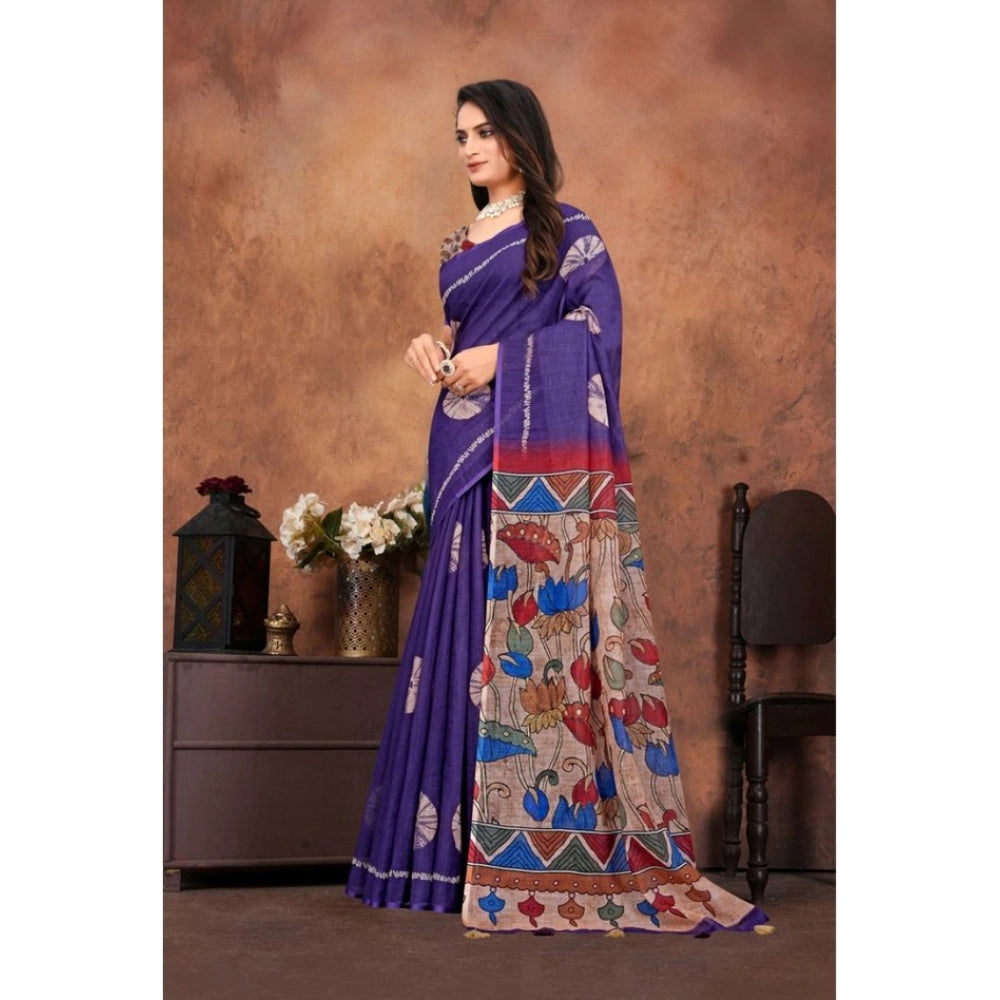Women's Linen Printed Saree With Unstitched Blouse 5.5Mtr (Purple) - VANSHELLE