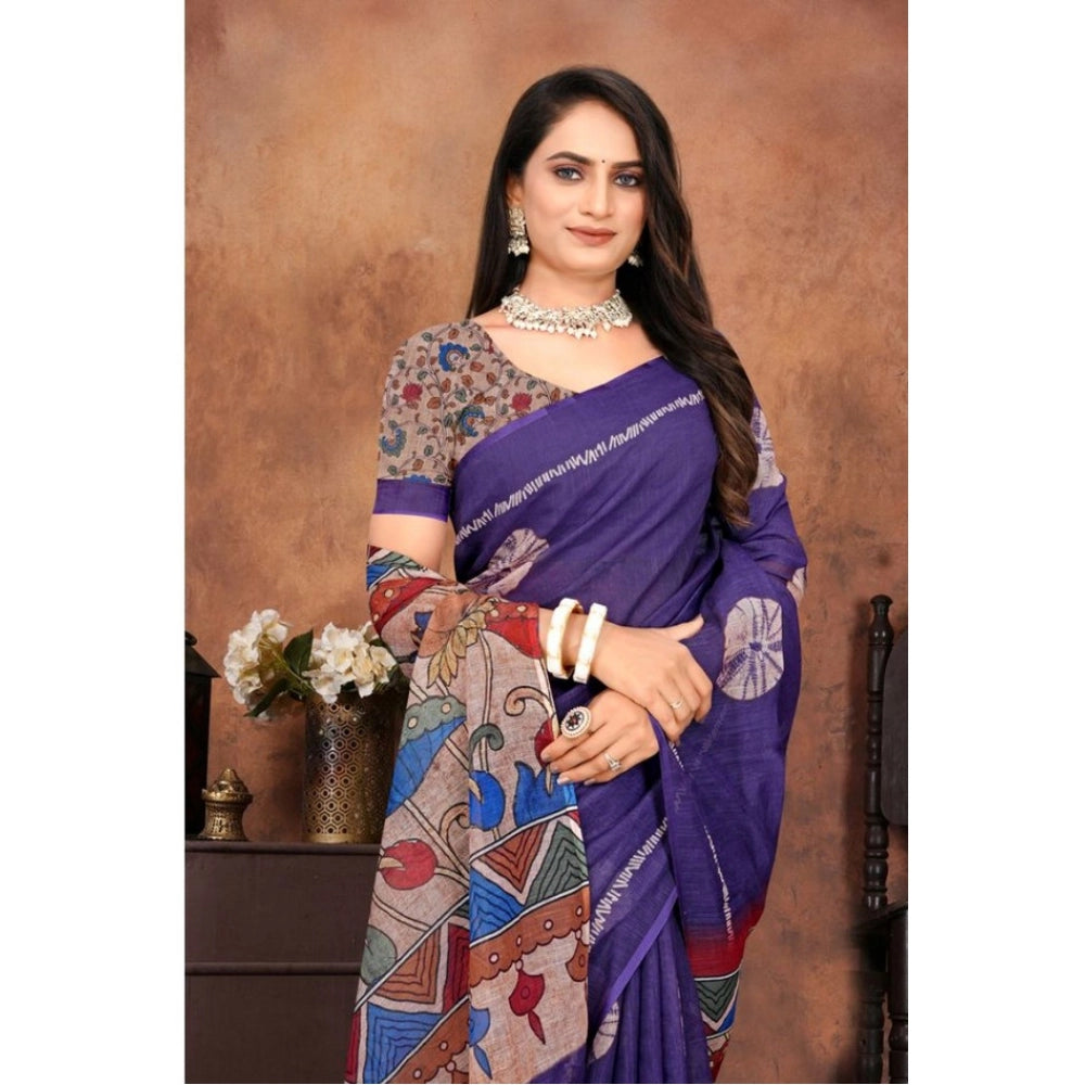 Women's Linen Printed Saree With Unstitched Blouse 5.5Mtr (Purple) - VANSHELLE