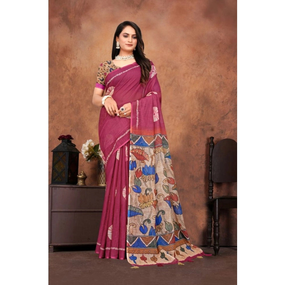 Women'S Linen Printed Saree With Unstitched Blouse 5.5Mtr (Pur