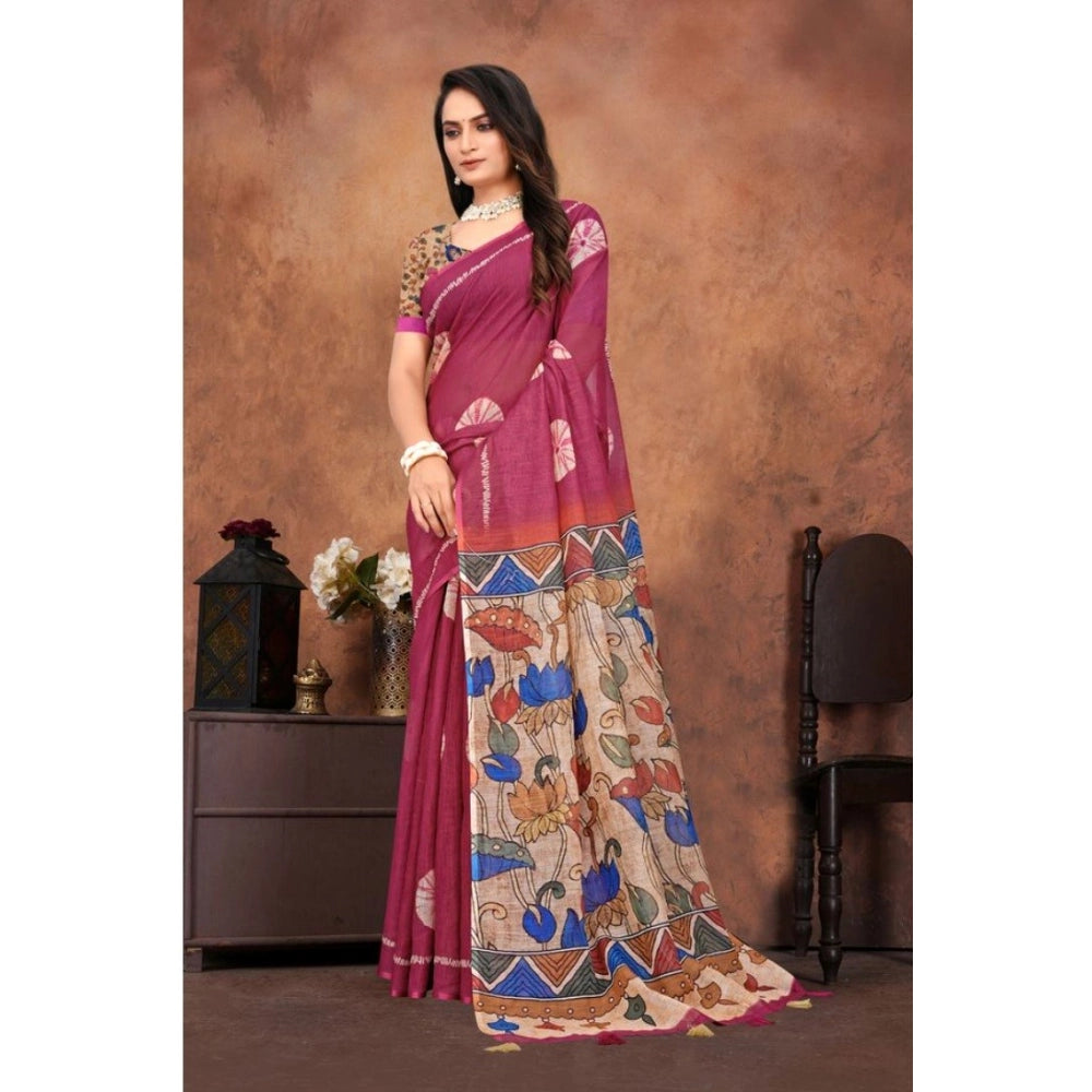 Women's Linen Printed Saree With Unstitched Blouse 5.5Mtr (Purple) - VANSHELLE