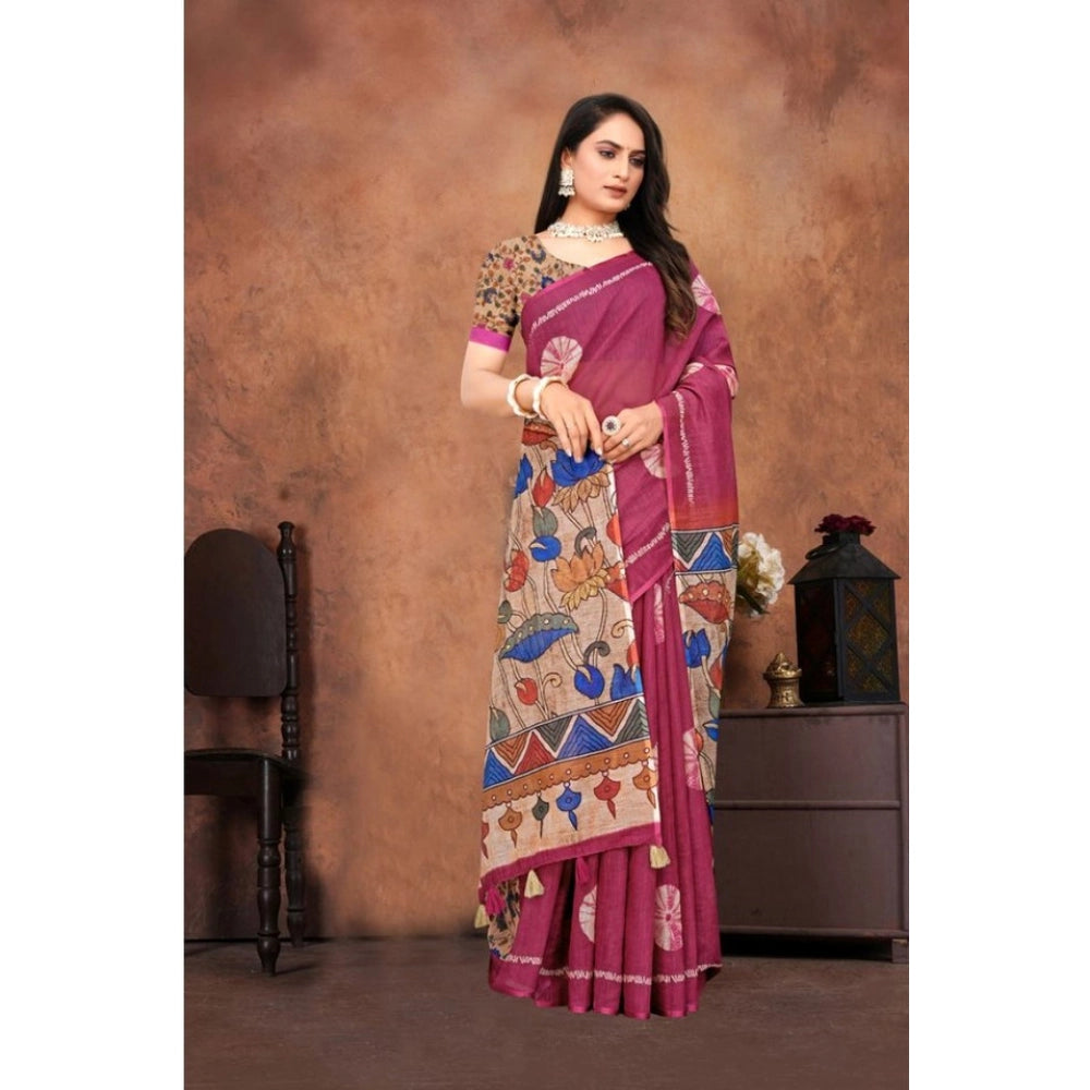 Women's Linen Printed Saree With Unstitched Blouse 5.5Mtr (Purple) - VANSHELLE