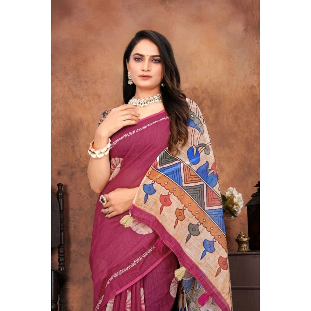 Women's Linen Printed Saree With Unstitched Blouse 5.5Mtr (Purple) - VANSHELLE
