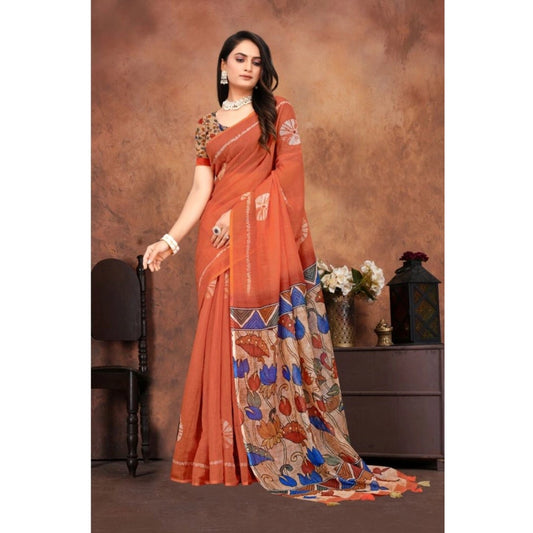 Women'S Linen Printed Saree With Unstitched Blouse 5.5Mtr (Red