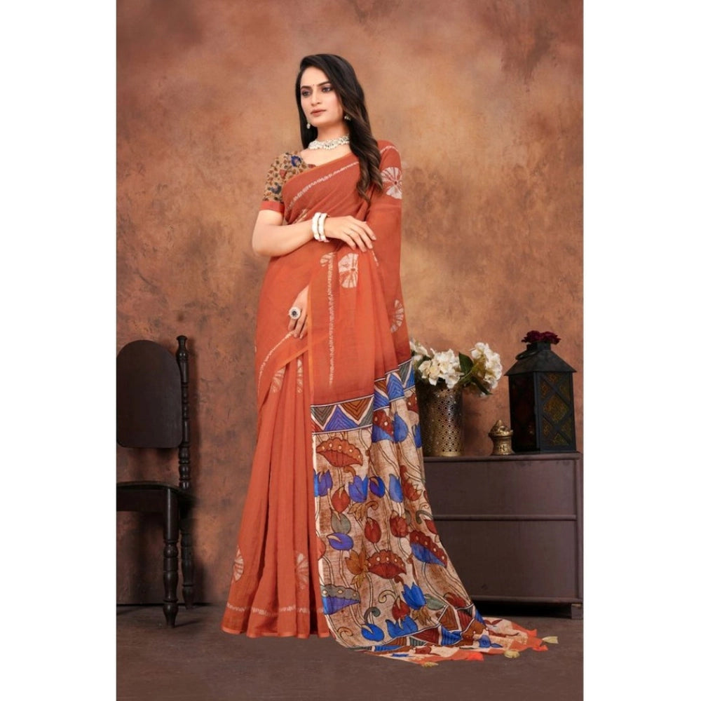 Women's Linen Printed Saree With Unstitched Blouse 5.5Mtr (Red) - VANSHELLE