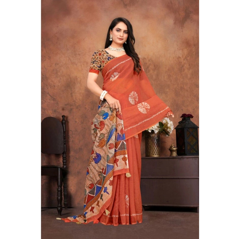 Women's Linen Printed Saree With Unstitched Blouse 5.5Mtr (Red) - VANSHELLE