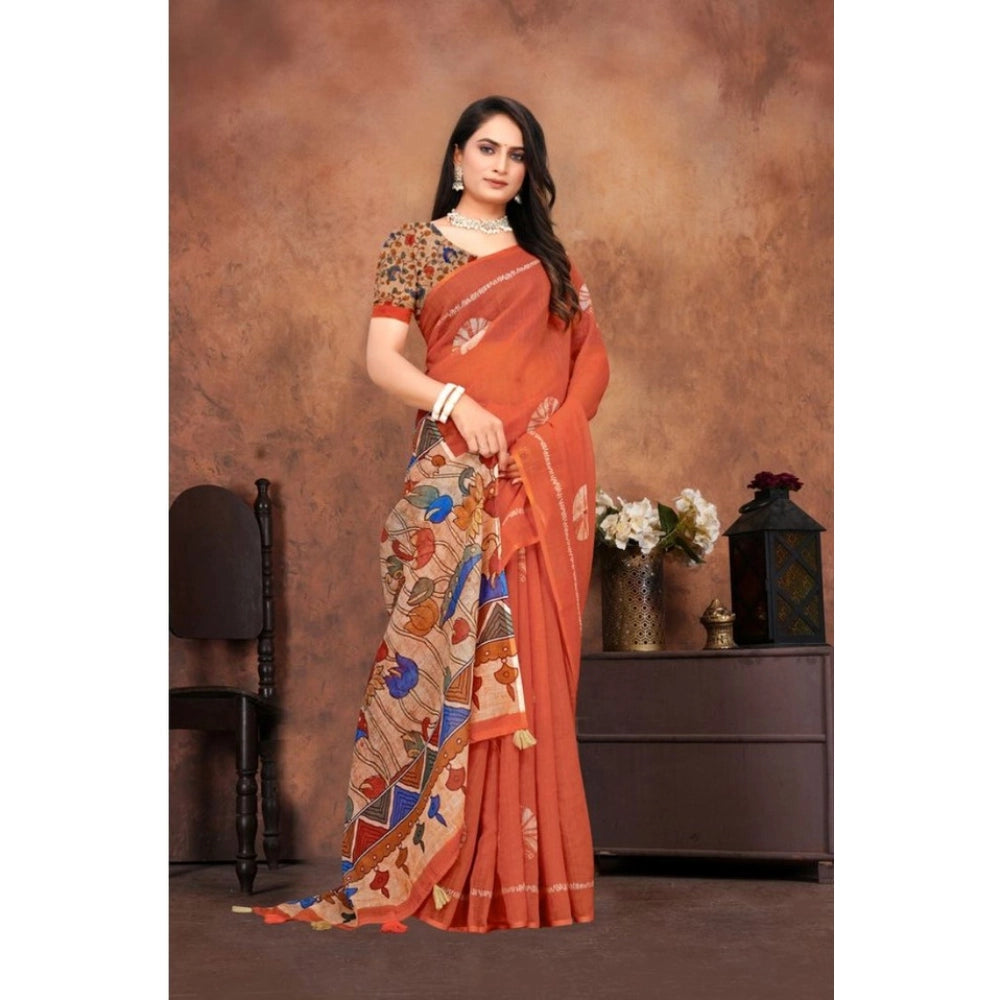 Women's Linen Printed Saree With Unstitched Blouse 5.5Mtr (Red) - VANSHELLE