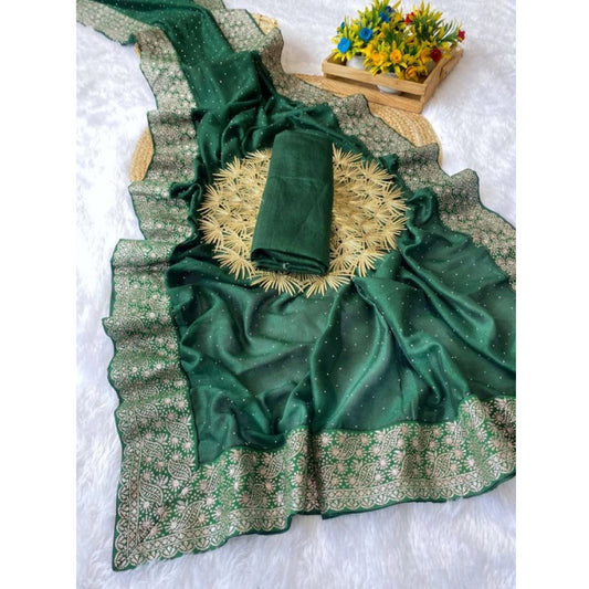 Women's Silk Embroidred Saree With Unstitched Blouse 5.5Mtr (Dark Green) - VANSHELLE