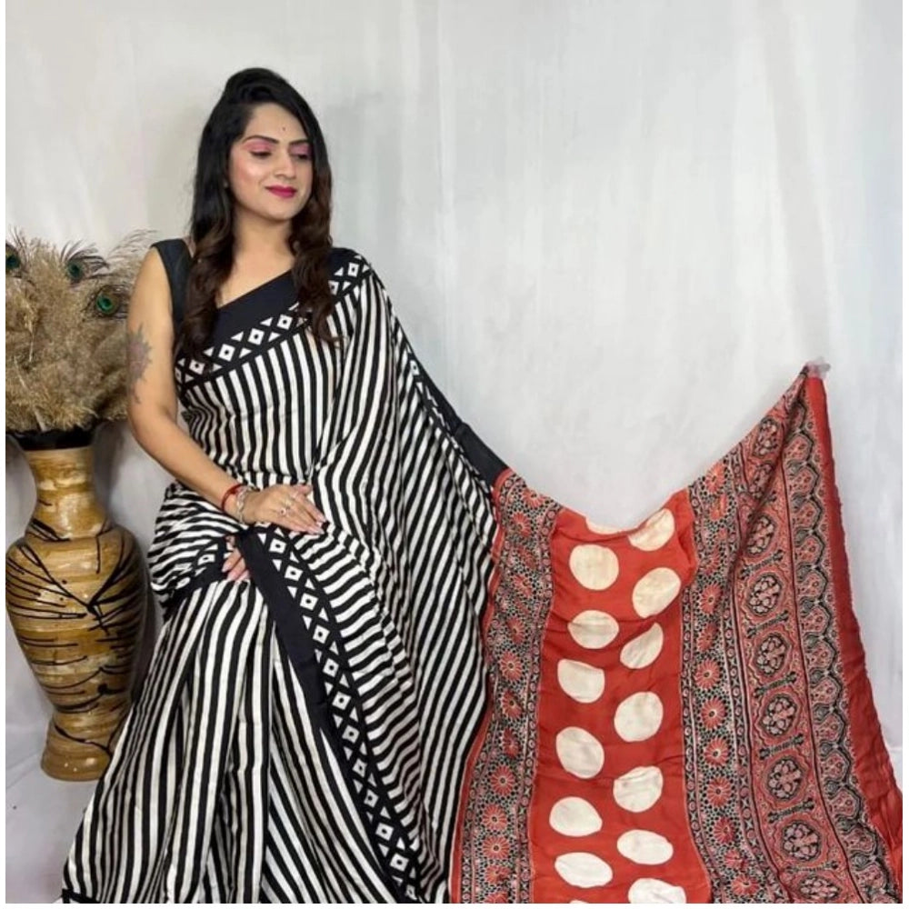 Women'S Satin Printed Saree With Unstitched Blouse 5.5Mtr (Bla