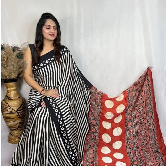 Women'S Satin Printed Saree With Unstitched Blouse 5.5Mtr (Bla
