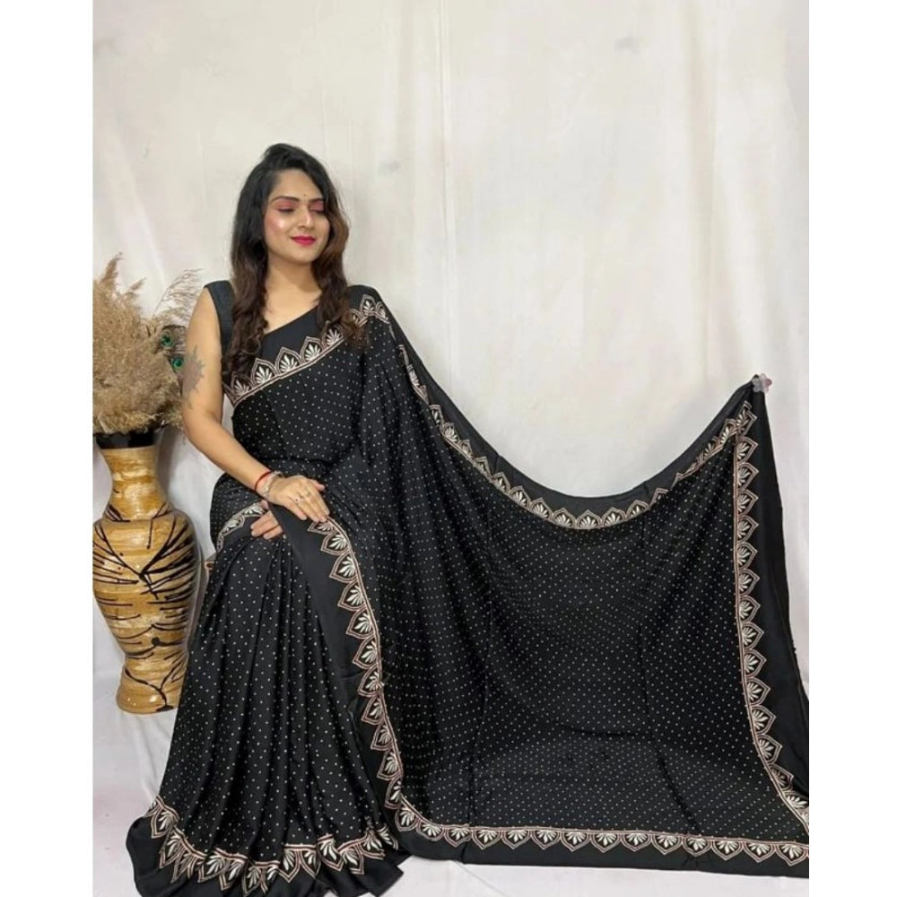 Women's Satin Printed Saree With Unstitched Blouse 5.5Mtr (Black) - VANSHELLE