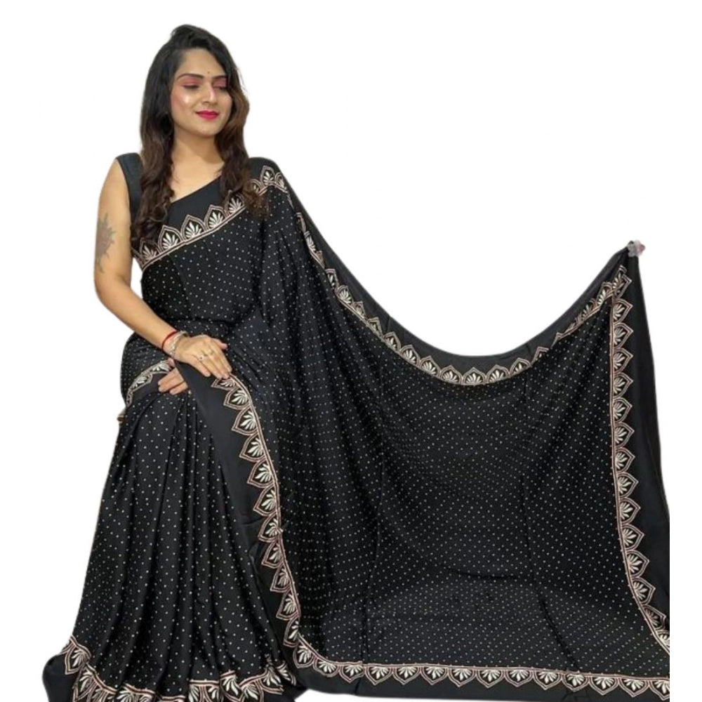 Women'S Satin Printed Saree With Unstitched Blouse 5.5Mtr (Bla