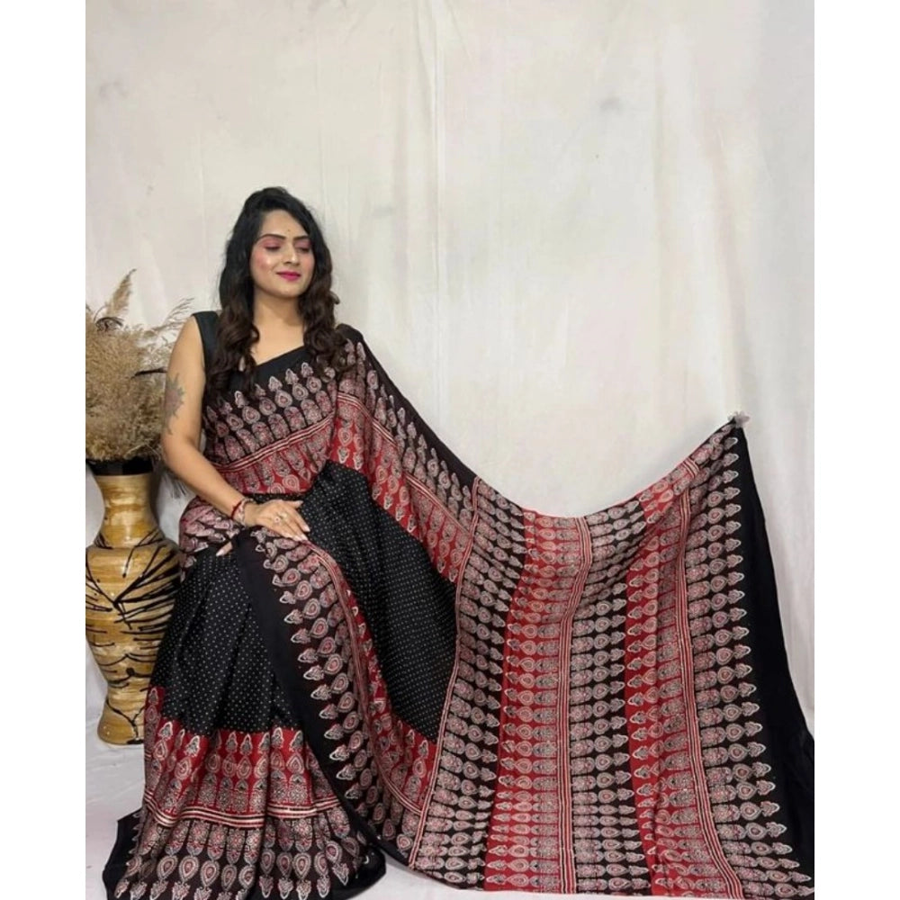 Women's Satin Printed Saree With Unstitched Blouse 5.5Mtr (Black) - VANSHELLE