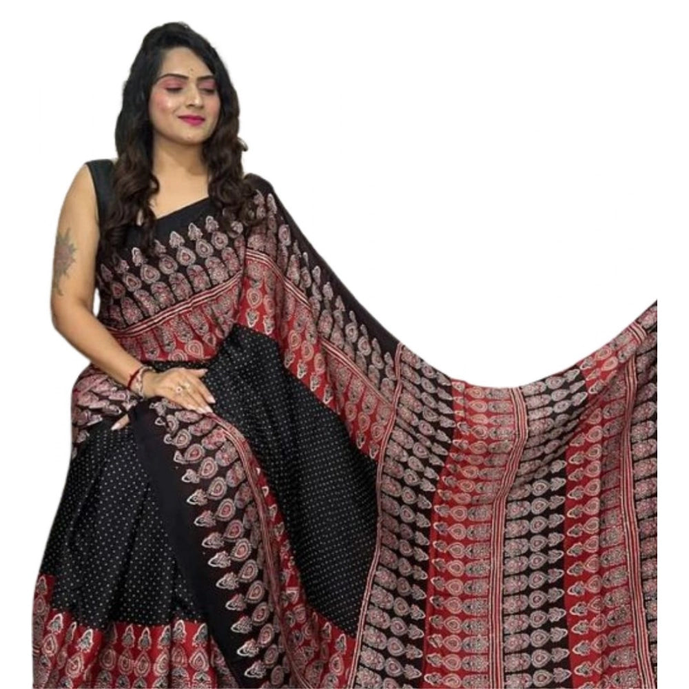 Women'S Satin Printed Saree With Unstitched Blouse 5.5Mtr (Bla