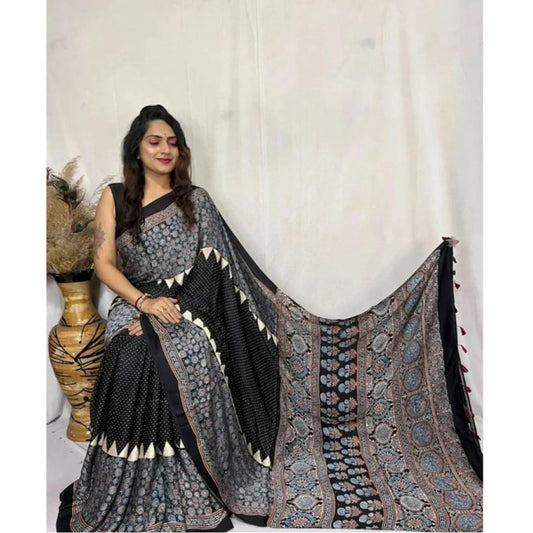 Women'S Satin Printed Saree With Unstitched Blouse 5.5Mtr (Bla