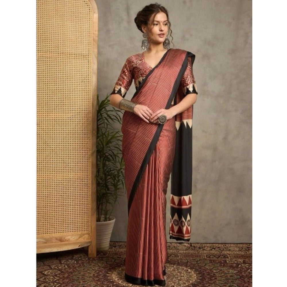 Women'S Satin Printed Saree With Unstitched Blouse 5.5Mtr (Bla
