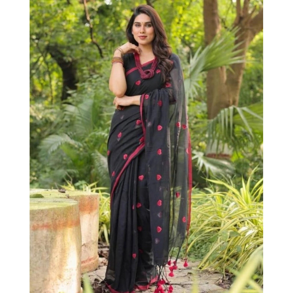 Women'S Linen Printed Saree With Unstitched Blouse 5.5Mtr (Bla